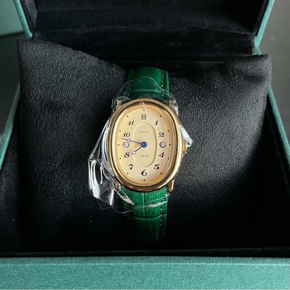 New PASCAL Oval Bubble Diamond Watch (24mm x 30mm) in Lush Green and Gold Steel